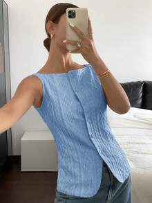 Siren Gaze Women's Geometric Textured Single-Breasted Casual Vest - Blue - View 3