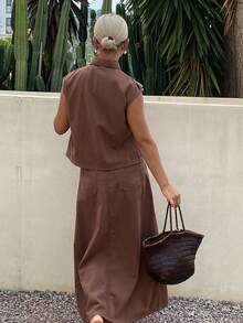 Livesso Women's Casual Short Sleeve Pocket Top And Long Denim Skirt 2-Piece Set Vacation Travel Shades Of Brown Summer - Coffee Brown - View 2