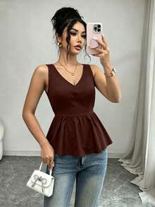 SHEIN Raffinéa Women's Shirred Fashionable Work Commute Party Graduation Daily Slim Fit Camisole Brown Summer Top - Coffee Brown - View 8