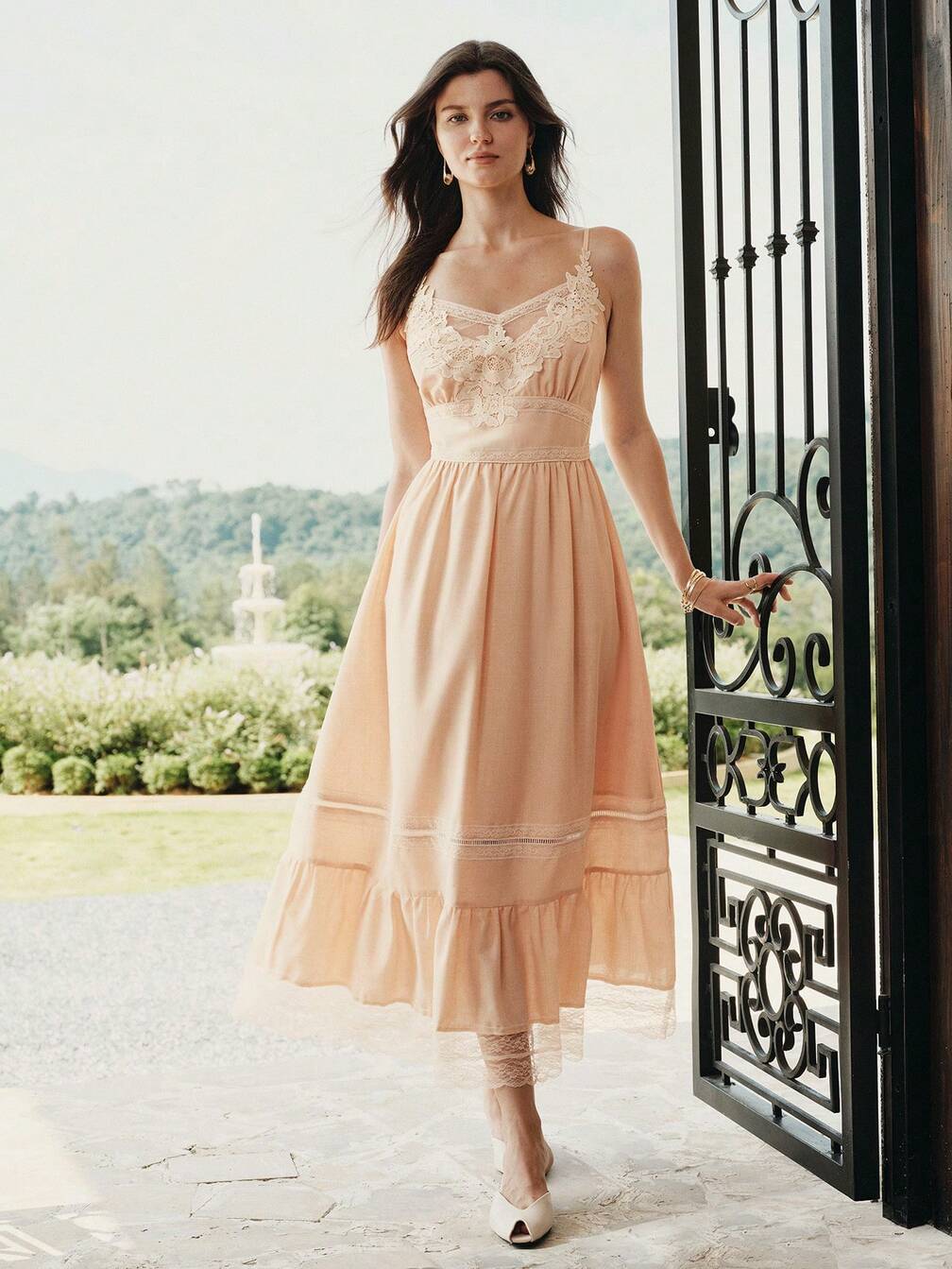 peach cream bridesmaid dress MOTF WOMEN'S SUMMER SPLICED LACE WAIST-CINCHED CAMI WEDDING GARDEN PARTY VACATION ELEGANT ROMANTIC｜Motf Birdy Grey Rylie re-pricing How Hair and Costume Size:Us Size 14