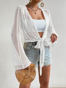 SHEIN Swim 女款素色長袖鏤空和服式罩衫 - 白色 - 查看 3