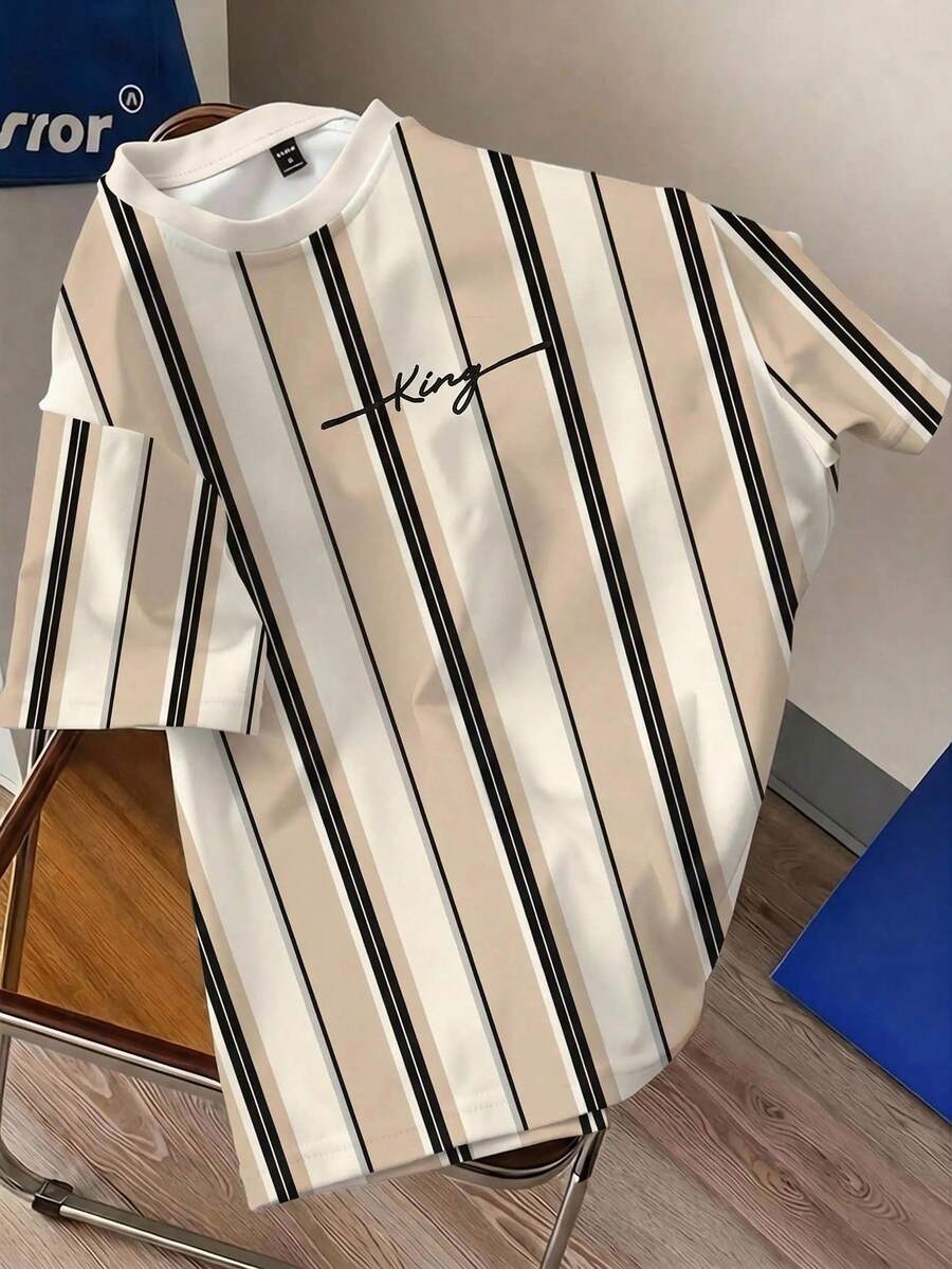 Manfinity Joysei Kaos Lengan Pendek Pria Motif Garis-Garis Blok Warna dengan Cetakan Huruf, Kasual, Serbaguna untuk Pemakaian Sehari-hari - Khaki - View 1