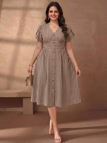 Chikora Elegantes Leinen-Freizeitkleid mit V-Ausschnitt Große Größen für Damen, geeignet für die Arbeit - Khaki - Übersicht 4