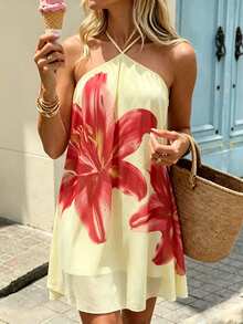 Flora Isola Flora Isola Women's Yellow Base Large Red Floral Print Halter Neck Cold Shoulder Dress, Loose Flowy Sleeveless Beach Dress - Yellow - View 3