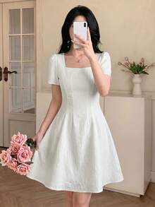 Celisse Elegant French Light Luxury Style Jacquard Square Neck Short Sleeve Waist-Defining Slimming A-Line Commuter Vacation Spring Summer Women's Dress - White - View 1