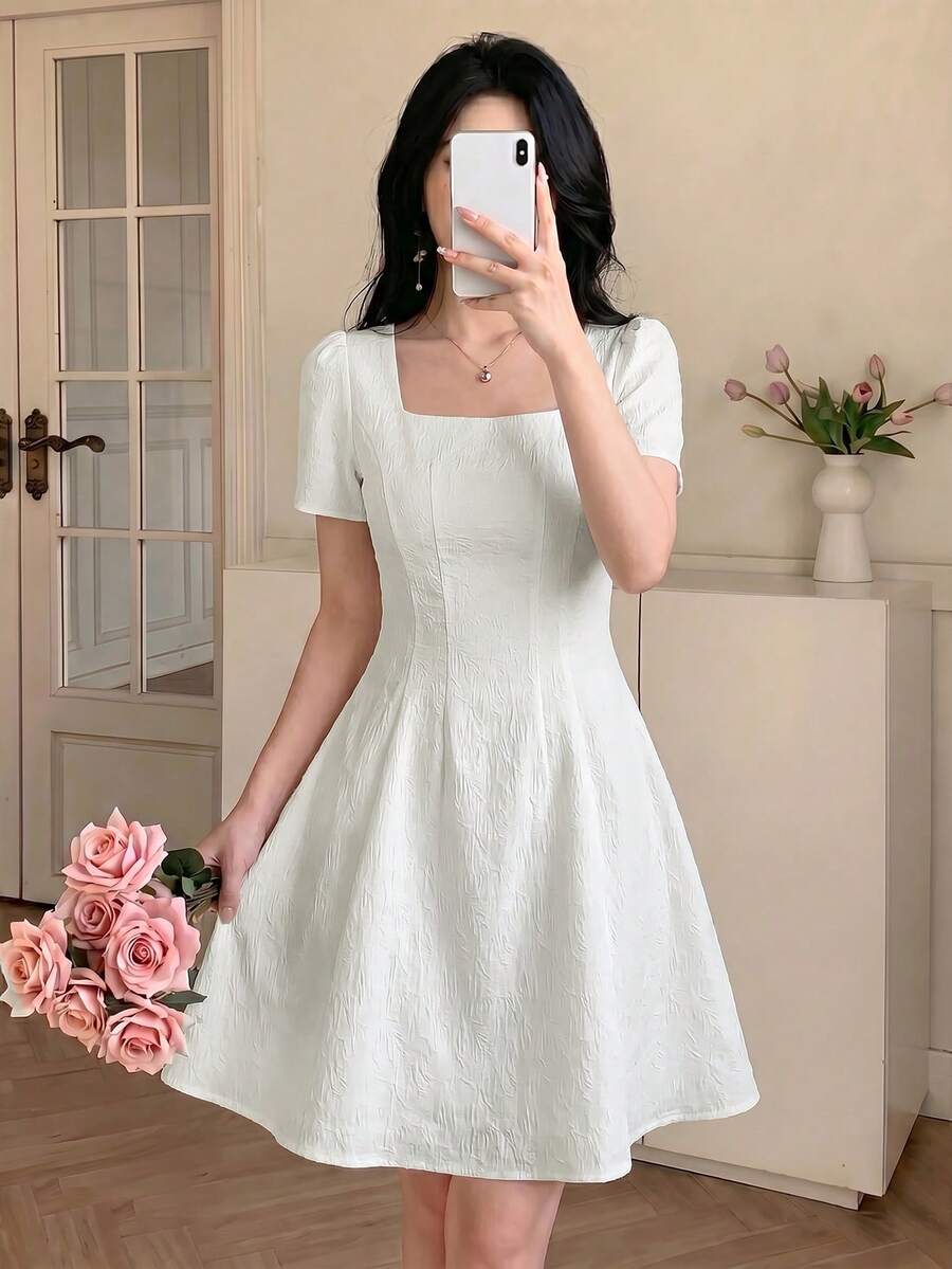 Celisse Elegant French Light Luxury Style Jacquard Square Neck Short Sleeve Waist-Defining Slimming A-Line Commuter Vacation Spring Summer Women's Dress - White - View 1