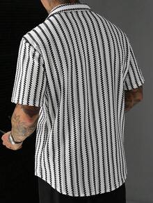 SLATEMANN Men's Black & White Textured Jacquard Striped Casual Holiday Short Sleeve Shirt - Black and White - View 2