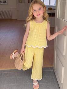 SHEIN Elladie kids 少女黃色與白色格紋圓領無袖上衣與長褲套裝 - 黃色 - 查看 3
