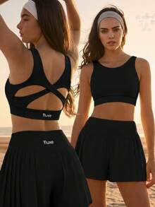 Fluxe Women's Solid Color Backless Round Neck Summer Sports Bra Top - Black - View 4