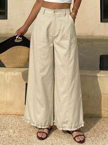 DAZY Solid Color Loose Pleated Ruffle Wide Leg Pants Casual Vacation Summer Women's Long Pants - Apricot - View 6