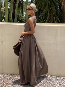 DAZY Spring/Summer New Textured Design Sleeveless Top Skirt Set Women's 2 Pieces Outfit Vacation Coffee Brown Elegant Minimalist - Brown - View 2