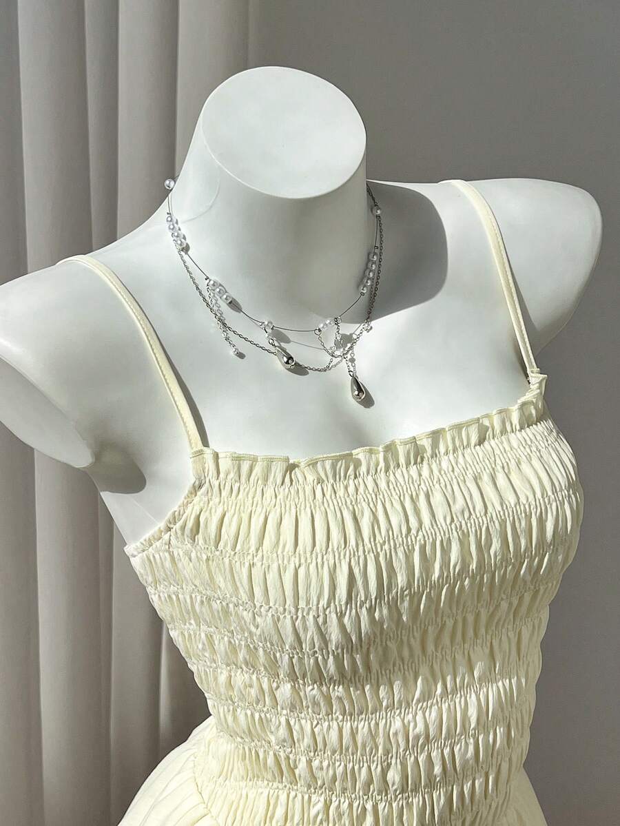 Elamini Sexy Sweet Style Solid Color Waist-Defining Slimming A-Line Cake Dress Spaghetti Strap Dress - Pale Yellow - View 1