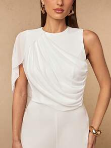 Silquee Spring/Summer Women's Mesh Patchwork Round Neck Sleeveless White Jumpsuit With Mesh Fabric Drape Office Bachelorette Party Wedding Outfits Elegant - Apricot - View 9