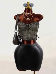 SHEIN Women's Summer Sexy Criss-Cross Tie Straps Cropped Tube Denim Top Club Night Green - Black - View 3