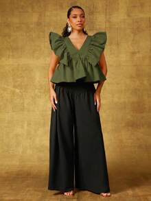 Vixey Top de tejido sólido con cuello en V, mangas de pétalo con volantes y bajo peplum - Verde Oliva - Ver 3