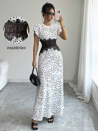 SHEIN Elenzya 都會時尚優雅度假風新款女款春夏紋理面料短袖洋裝，適合日常穿著、婚禮、晚宴、通勤、畢業派對、節日活動、度假、約會、派對、萬聖節、聖誕節、新年、感恩節，女款洋裝荷葉袖黑白波點蕾絲