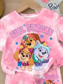 SHEIN | PAW Patrol 女嬰休閒簡約圓領寬鬆短袖T恤 & 緊身底層單車短褲套裝，適合春夏季，經典可愛卡通動畫印花，Skye可愛小狗爪印 - 彩色 - 查看 3