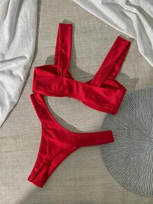 Swim Chiccia 女款夏季純色粗肩帶金屬裝飾度假泳衣套裝 - 紅色 - 查看 2