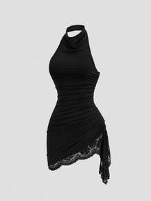 Sweetra New Summer Lace Patchwork Asymmetric Hem Drawstring Tie Design Cowl Neck Backless Elegant Commuter Fashion Mini Dress - Black - View 1