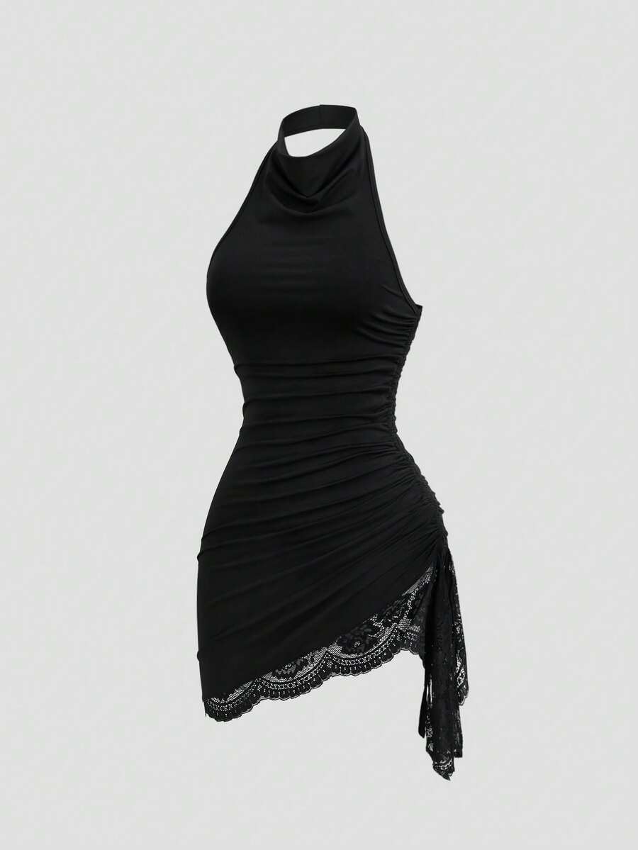 Sweetra New Summer Lace Patchwork Asymmetric Hem Drawstring Tie Design Cowl Neck Backless Elegant Commuter Fashion Mini Dress - Black - View 1