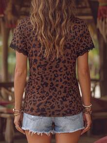 Selamara Women's Spring/Summer New Hot-Selling Leopard Print Pattern Small Ruffle Patchwork Design V-Neck Casual Versatile T-Shirt - Multicolor - View 2