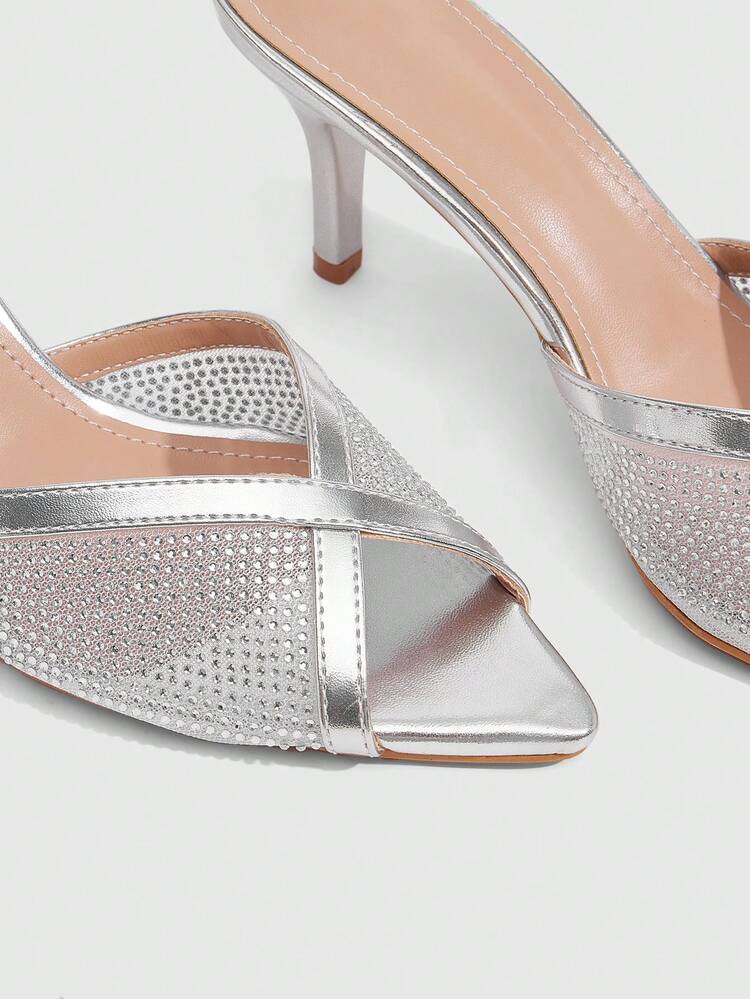 CUCCOO SZL Ladies Fashion Light Silver Rhinestone Mesh Material Pointed Heel Sandals, Commuting, Comfort, Office, Party, Travel Spring/Summer Slippers