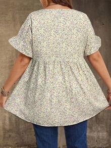 EMERY ROSE Plus Size Floral Print Round Neck Ruffle Hem Casual Boho Short Sleeve Shirt, Summer Vacation Beige - Yellow - View 2