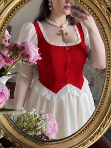 SHEIN MOD 大尺碼女款 2 合 1 短花瓣袖單排扣休閒襯衫 - 紅色 - 查看 6