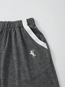 SHEIN 一件式短袖休閒偏移印花春夏季青少年女孩通勤套裝，運動休閒直筒褲，短袖輕便舒適兩件套 - 灰色 - 查看 3