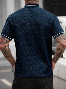 Manfinity CasualCool 男士條紋印花休閒短袖 Polo 衫，夏季，正式 - 寶藍色 - 查看 2