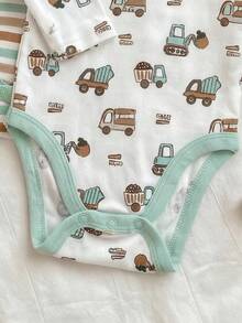 SHEIN Conjunto de 3 piezas de mameluco de manga larga con patrón de dibujos animados de punto casual y lindo para bebé recién nacida, ropa de casa - Verde - Ver 3