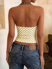 DrmWander Women's Floral Trim Fitted Ribbed Halter Top Vacation Brown Polka Dot Summer Cute - Multicolor - View 2