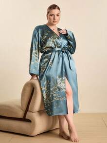 Hourtrue 1pc Plus Size Women Floral Print Satin Robe, V-Neck Long Sleeve Loose Bathrobe, Kimono Style Tie Waist Long Loungewear, Smooth Silk-Like Fabric, Machine Washable, Suitable For Home Use - Olive Green - View 10