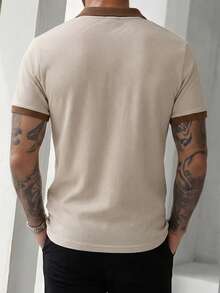 Manfinity CasualCool Camisa casual de hombre con cuello Henley de punto de gofre, manga corta, cuello polo de color en contraste, camiseta elegante de estilo Old Money en beige & marrón, adecuada para uso diario en verano, salidas de fin de semana, actividades al aire libre, viajes, looks de crucero/yate, ocasiones semiformales, excelente regalo para novio/esposo en cumpleaños/aniversario - Albaricoque - Ver 2