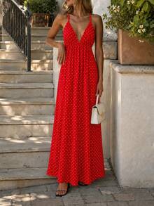 Cévolie Petite Women's Vacation Polka Dot Print Casual Camisole Dress - Bright Red - View 2