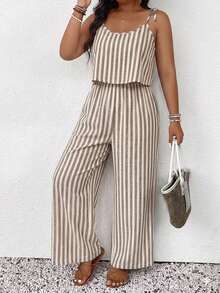 Jumpsuit Kasual Longgar Bergaris dengan Tali Pengikat untuk Wanita Ukuran Plus, Celana Panjang, Cocok untuk Pemakaian Sehari-hari dan Liburan - Coklat - View 5