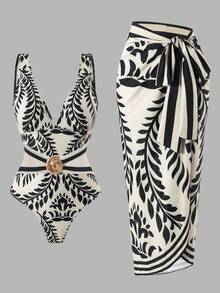 Swim Oasis Women's Elegant Black And White Botanical Print V-Neck One-Piece Swimsuit For Summer Beach Vacation With Beach Maxi Skirt - Multicolor - View 8
