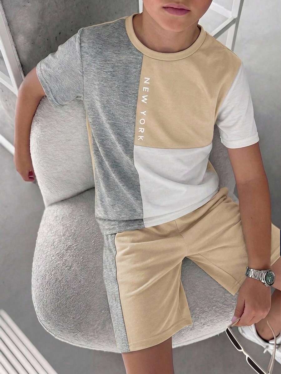 SHEIN 2pcs/Set Kids Tween Boy Casual Colorblock Crew Neck Short Sleeve T-Shirt And Shorts Set, Suitable For Commuting, School, Daily Casual, Outings, Sports, Spring/Summer, Beach Vacation - Khaki - View 1