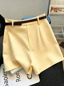 Franclia 休閒通勤時尚百搭中高腰附腰帶夏季新款卡其色素色女款短褲 - 黃色 - 查看 2