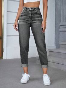 Flexra Women's High Waist Pocket Casual Versatile Commute Jeans - Dark Grey - View 5