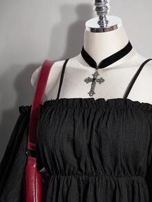 SHEIN ICON 大尺碼夏季休閒素色露肩細肩帶上衣 - 黑色 - 查看 4