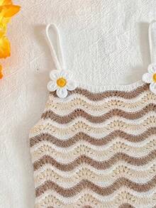 SHEIN Tween Girl 3D Floral Decor Wavy Pattern Colorblock Casual Vacation Cover-Up Strap Dress - Coffee Brown - View 4