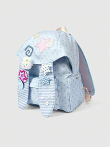 ROMWE Kawaii 1Pc Blue Cute College Polka Dot Striped Pattern Embroidered Patch Star Wings With Bar Badge Five-Pointed Star Rabbit Hairpin Decoration Large-Capacity Multi-Pocket Backpack, Simple Women's Backpack, Suitable For Commuting, College, Vacation And Other Fashion Items - Blue - View 2