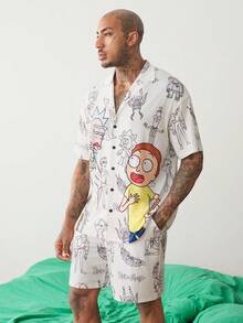 Rick and Morty X SHEIN 男士短袖單排扣襯衫與短褲家居服套裝 - 白色 - 查看 4