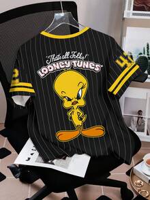 LOONEY TUNES X SHEIN 女式夏季条纹字母和卡通印花短袖T恤 - 白色 - 查看 2