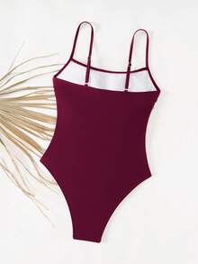 Swim Lushoire Women's Solid Color Ruched Spaghetti Strap One-Piece Swimsuit, Suitable For Beach Vacation, Pool Party, Beach Party - Red Violet - View 5