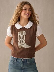 WESTFADE Cowboy Boot Contrast Stitch Sweater Vest Top, Country Style For Women - Coffee Brown - View 5