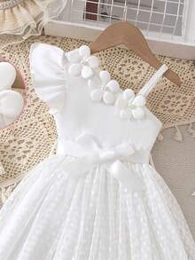 SHEIN Elladie kids 少女新款時尚白色3D珠飾花卉腰部收腰A字洋裝，單件，適合生日派對、聚會、夏季 - 白色 - 查看 6