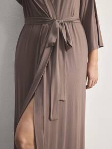 Ocili Comfortable Soft Minimalist Long Sleeve Plus Size Robe - Brown - View 7
