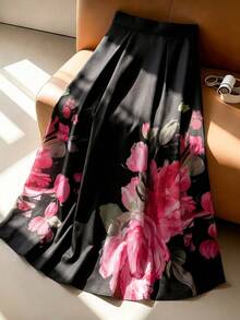 GlowEve CURVE Plus Size Women's Elegant Floral Print A-Line Skirt, Summer - Black - View 8